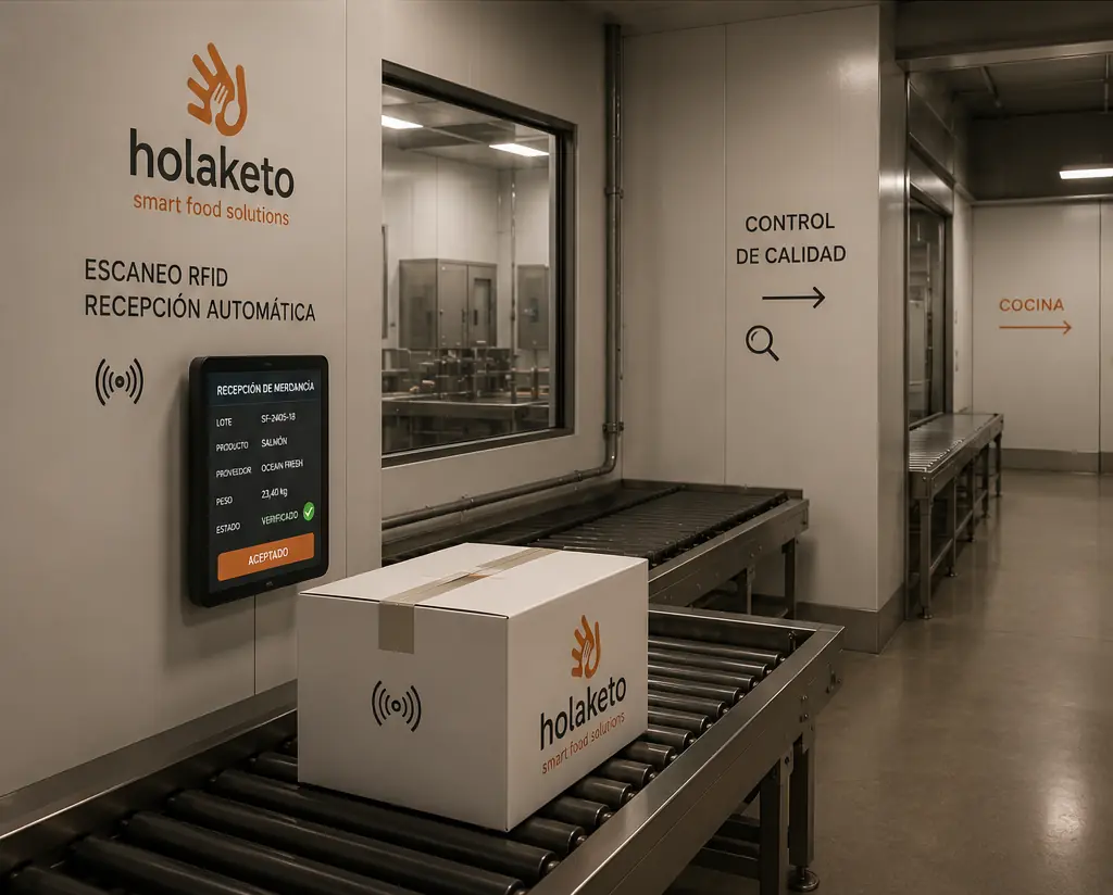 An automated goods-in station scanning a parcel on a conveyor line.