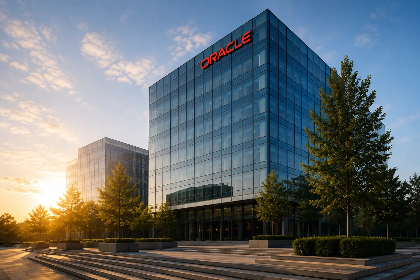 A corporate office interior in cool daylight.